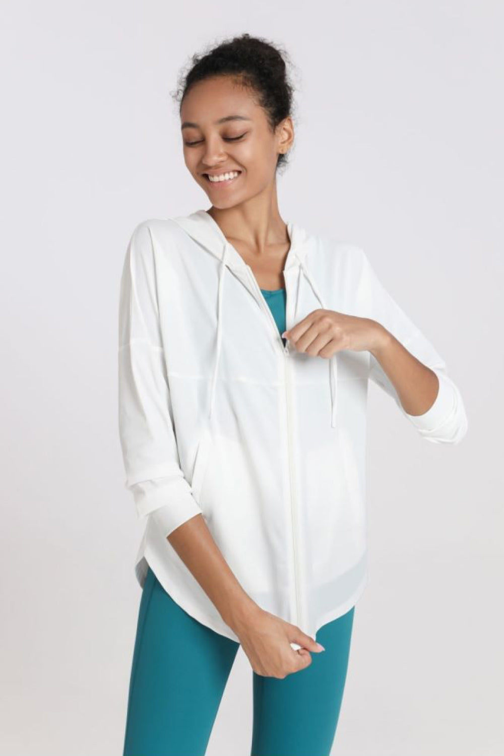 Curved Hem Drawstring Hooded Sports Jacket Shapelust