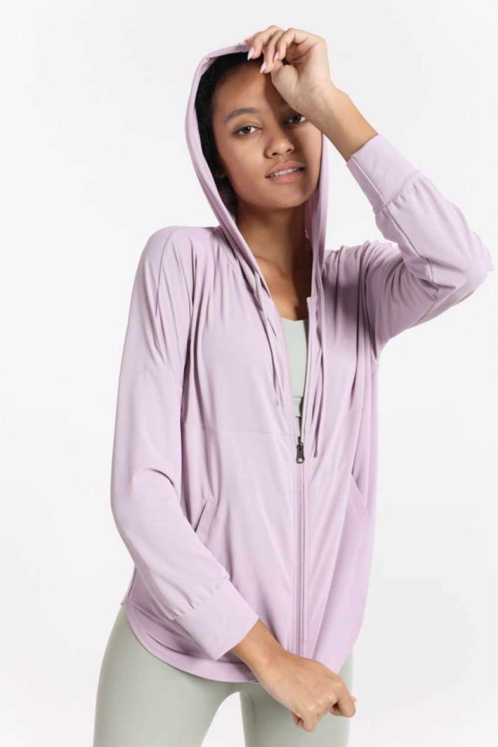Curved Hem Drawstring Hooded Sports Jacket Shapelust