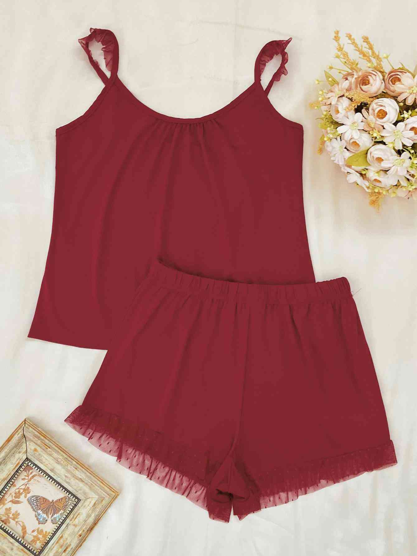 Gathered Detail Spliced Mesh Sleeveless Top and Shorts Lounge Set Shapelust