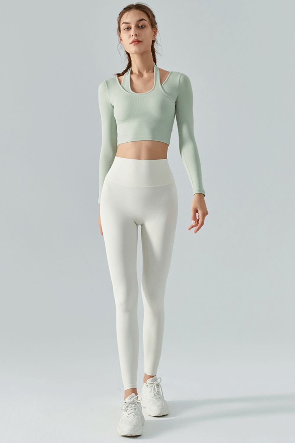 Halter Neck Long Sleeve Cropped Sports Top Shapelust