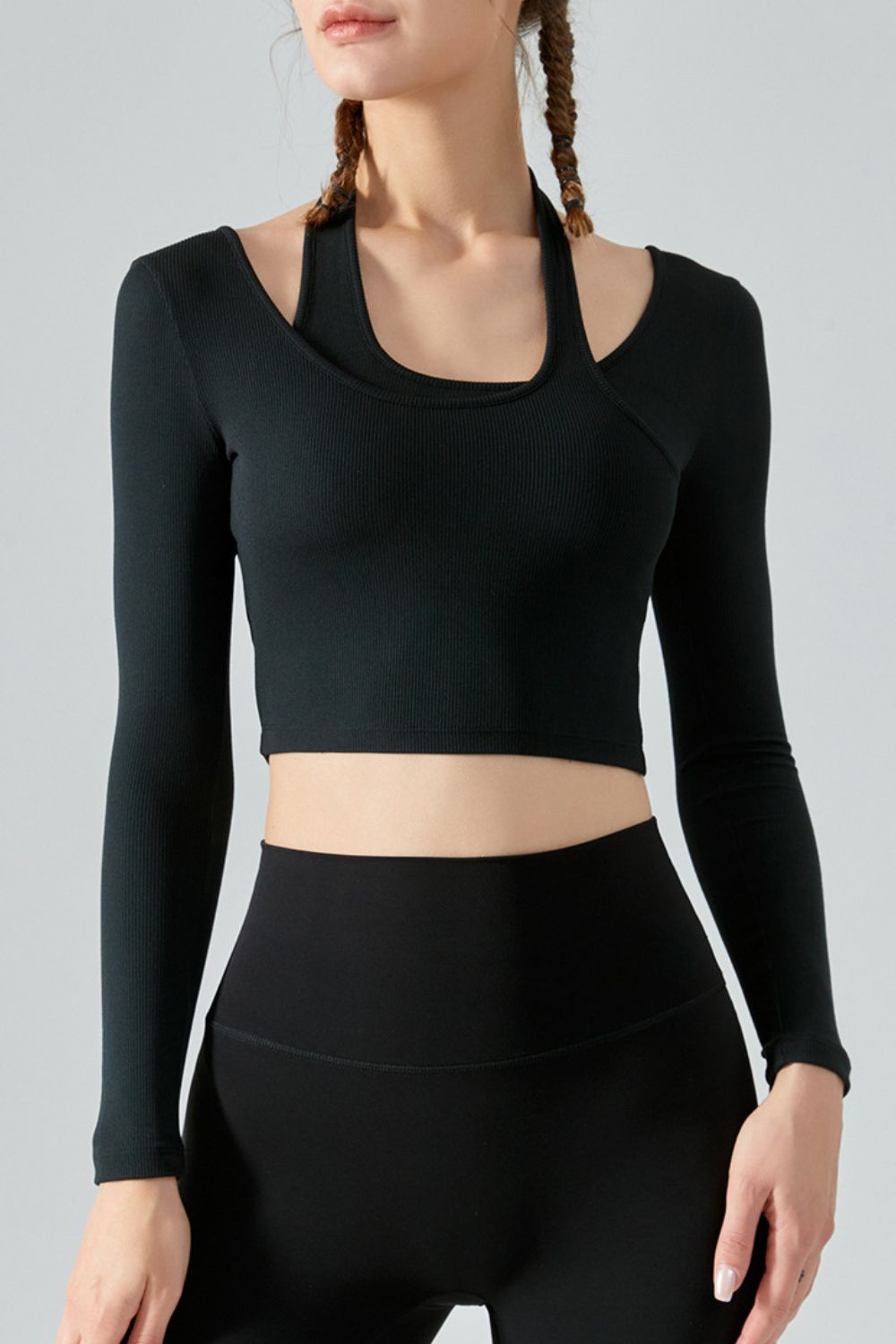Halter Neck Long Sleeve Cropped Sports Top Shapelust