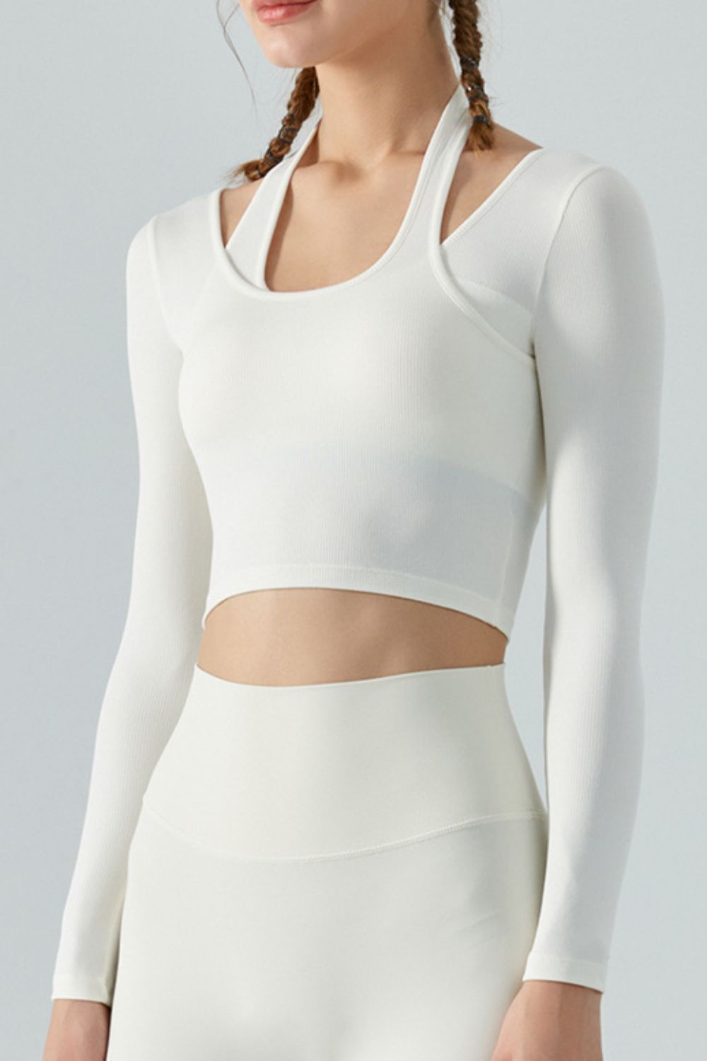 Halter Neck Long Sleeve Cropped Sports Top Shapelust