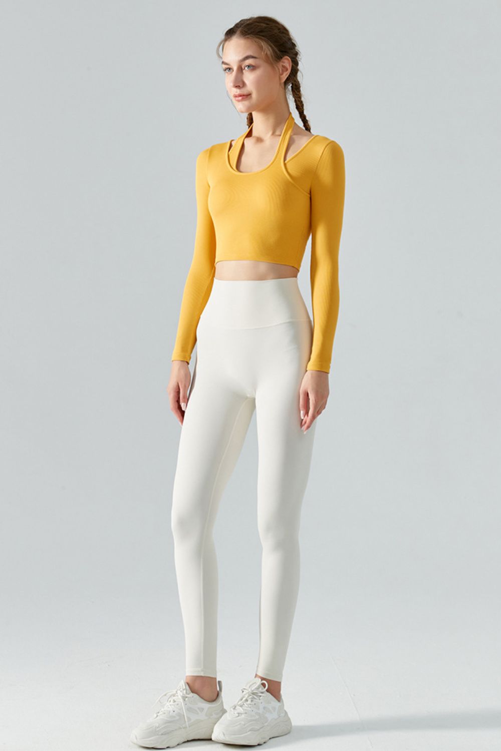 Halter Neck Long Sleeve Cropped Sports Top Shapelust