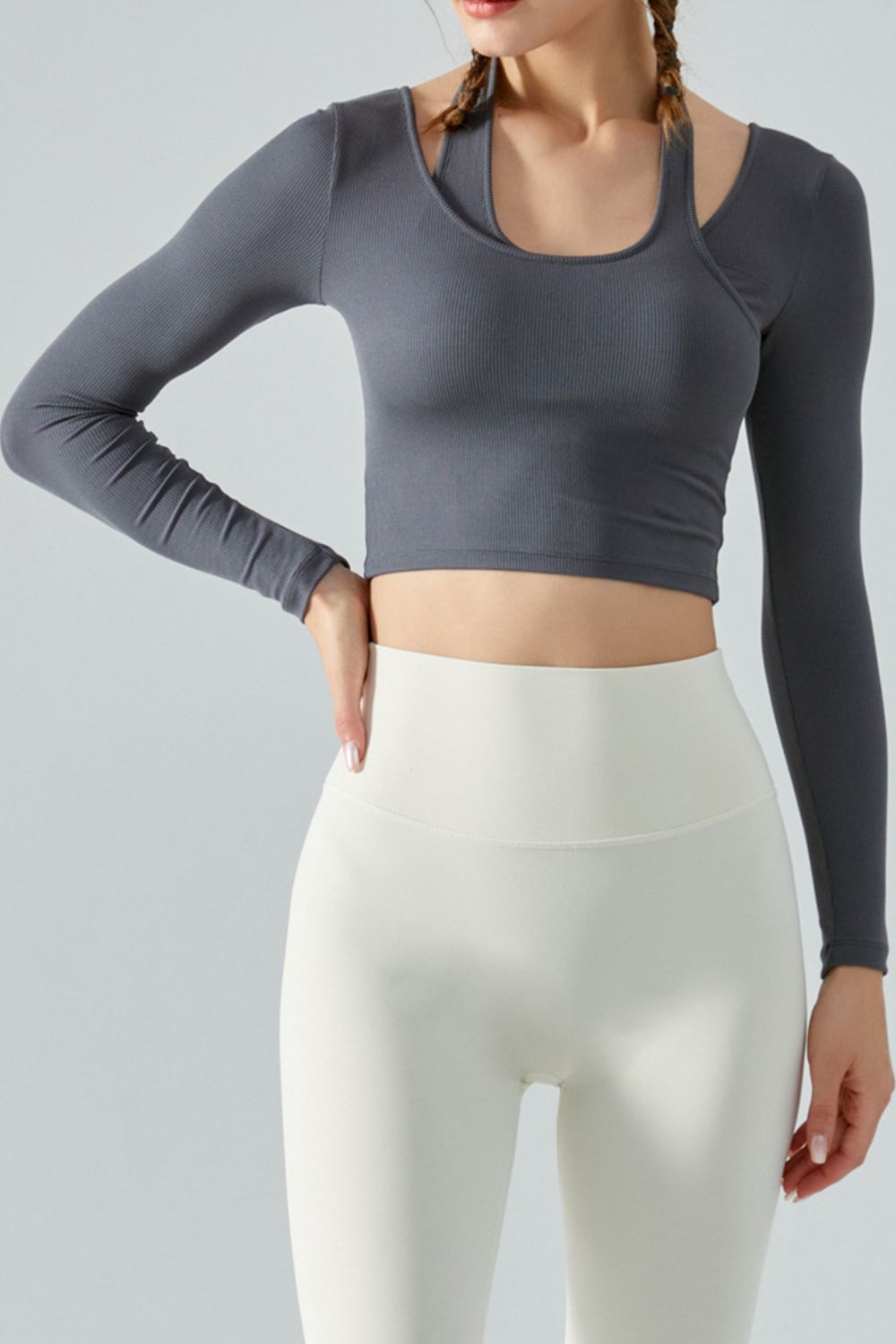 Halter Neck Long Sleeve Cropped Sports Top Shapelust