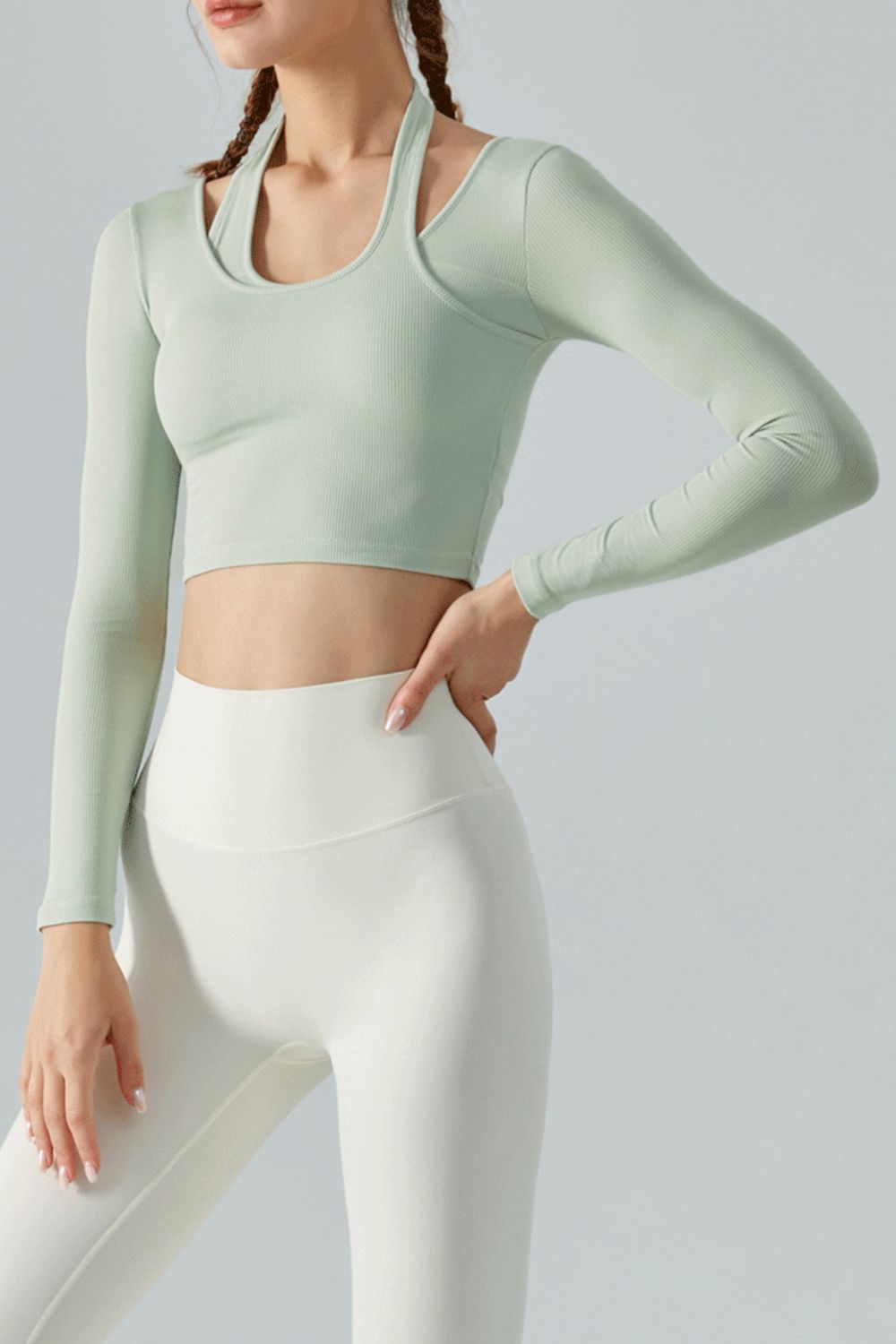 Halter Neck Long Sleeve Cropped Sports Top Shapelust
