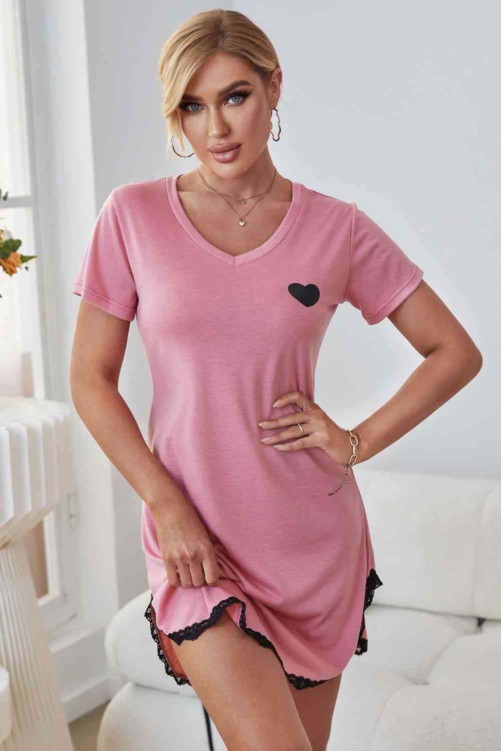 Heart Graphic Lace Trim Night Dress Shapelust