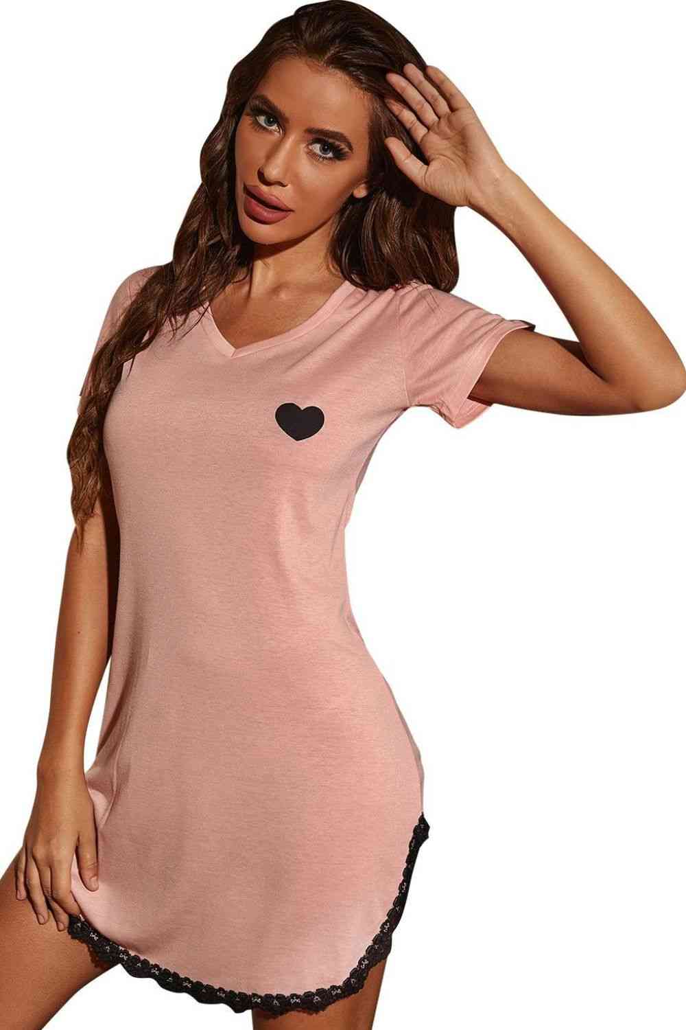 Heart Graphic Lace Trim Night Dress Shapelust