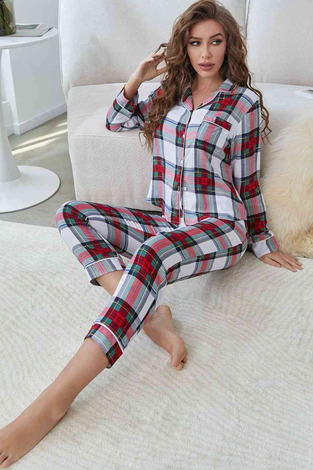Plaid Button Front Top and Pants Lounge Set Shapelust