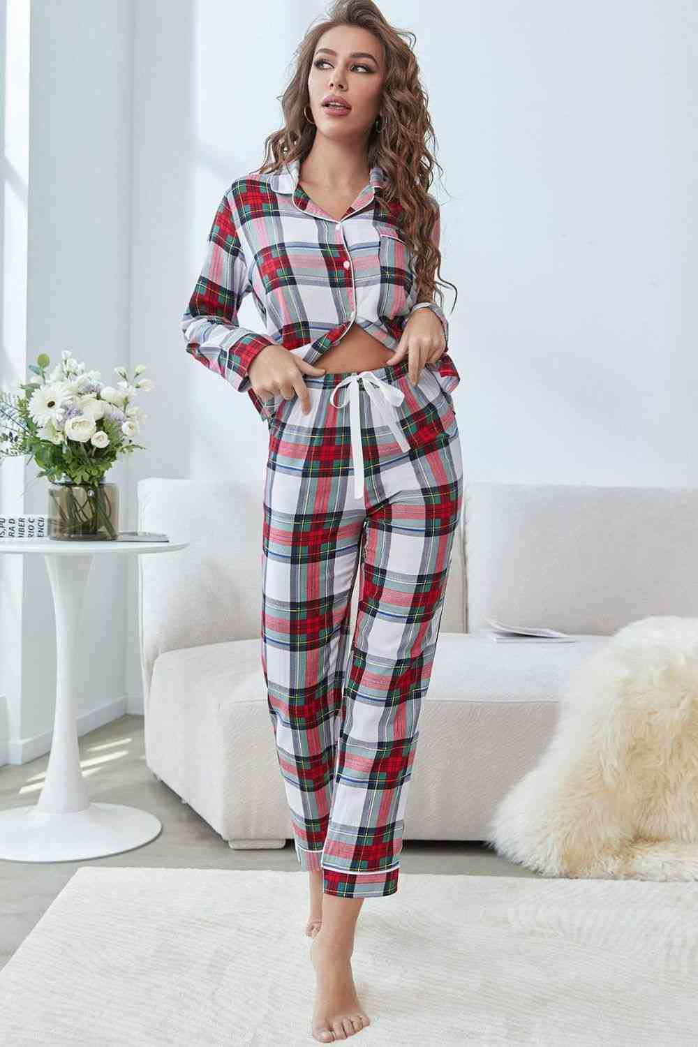 Plaid Button Front Top and Pants Lounge Set Shapelust
