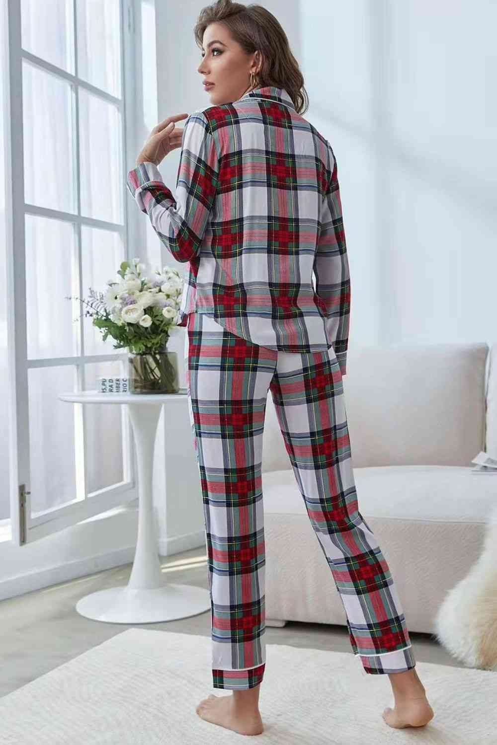 Plaid Button Front Top and Pants Lounge Set Shapelust