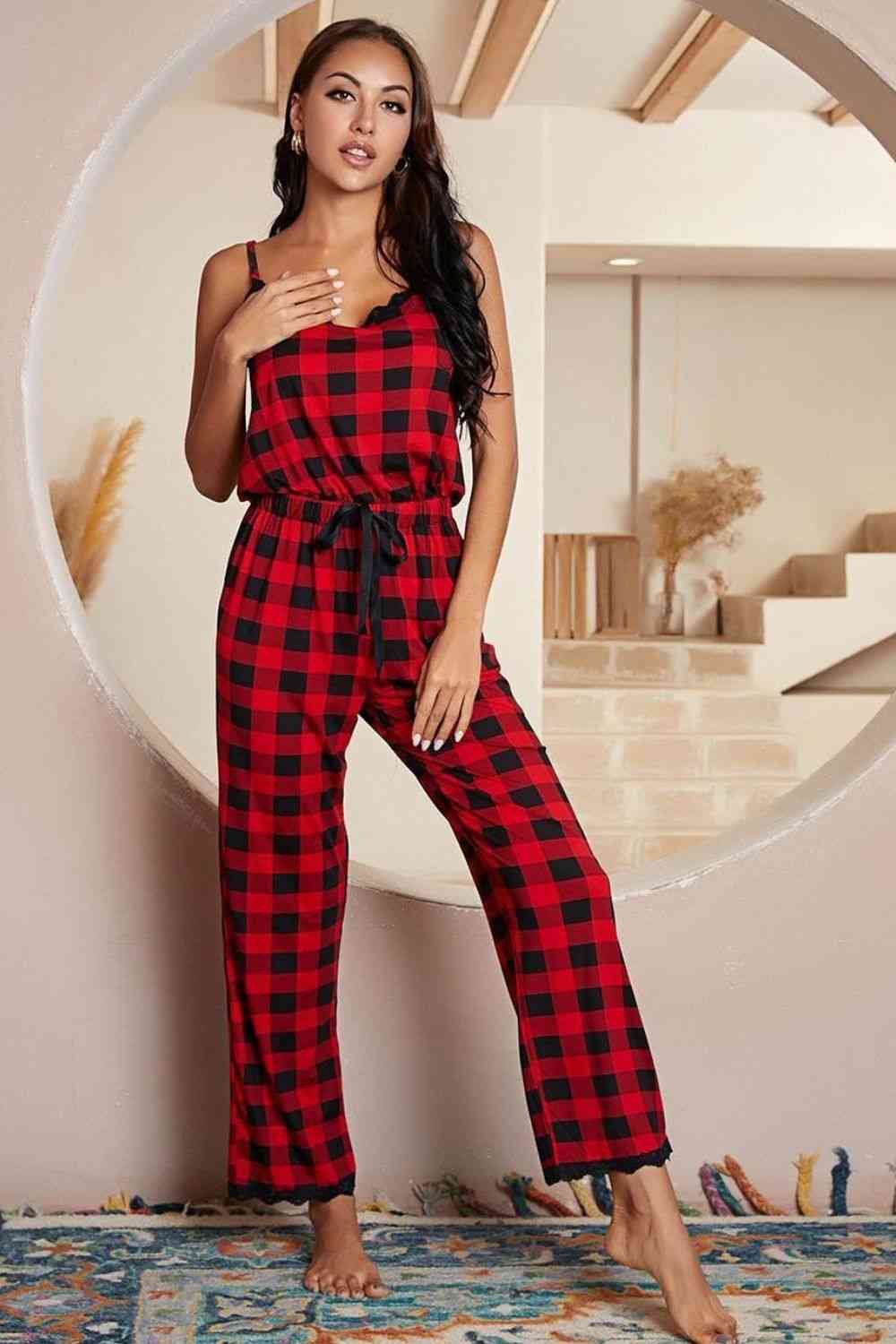 Plaid Lace Trim Spaghetti Strap Jumpsuit Shapelust