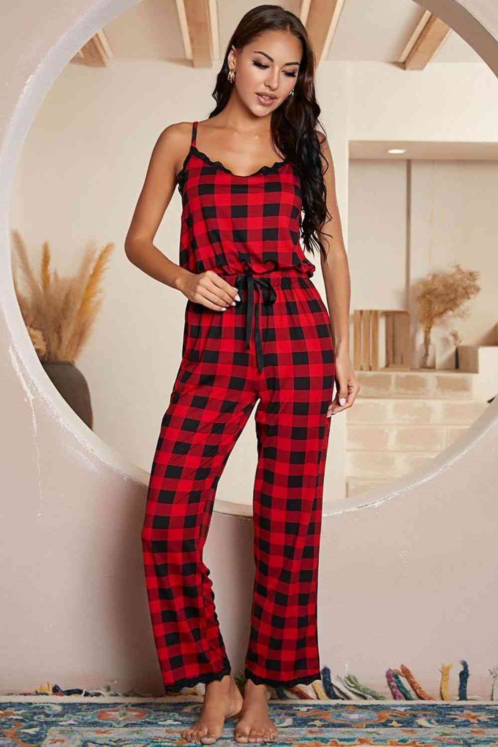 Plaid Lace Trim Spaghetti Strap Jumpsuit Shapelust
