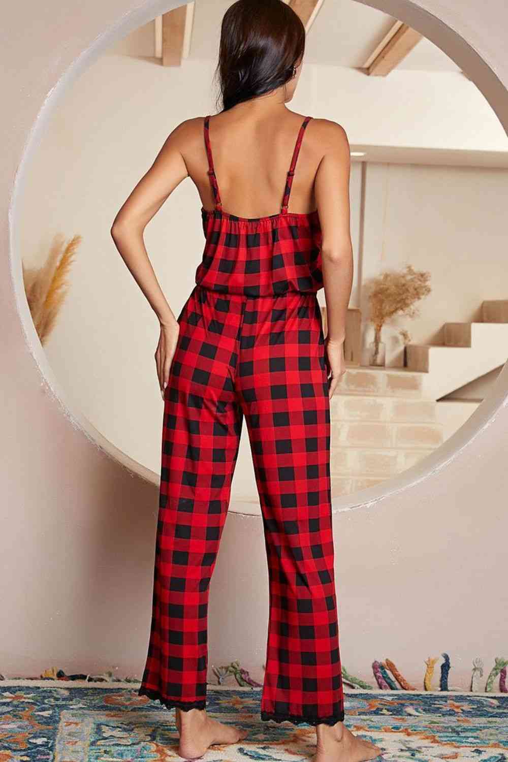 Plaid Lace Trim Spaghetti Strap Jumpsuit Shapelust