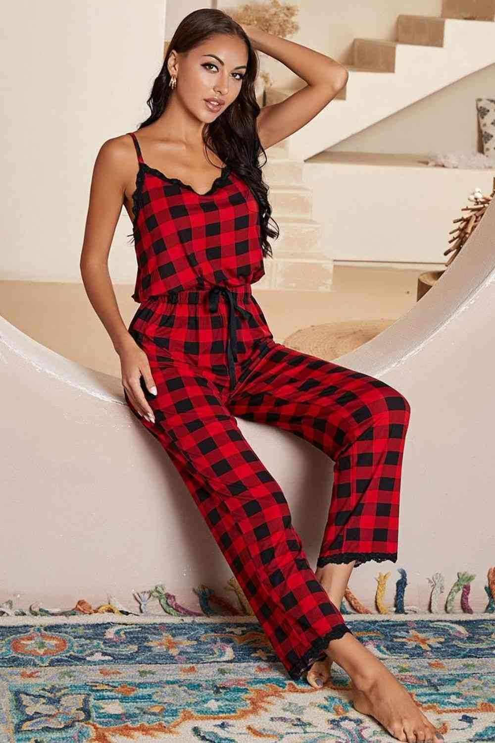 Plaid Lace Trim Spaghetti Strap Jumpsuit Shapelust