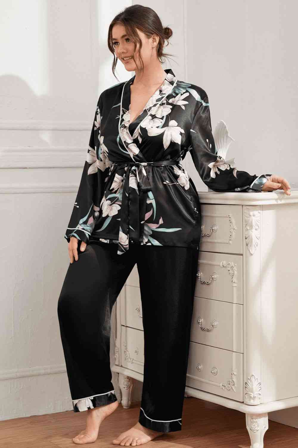 Plus Size Floral Belted Robe and Pants Pajama Set Shapelust