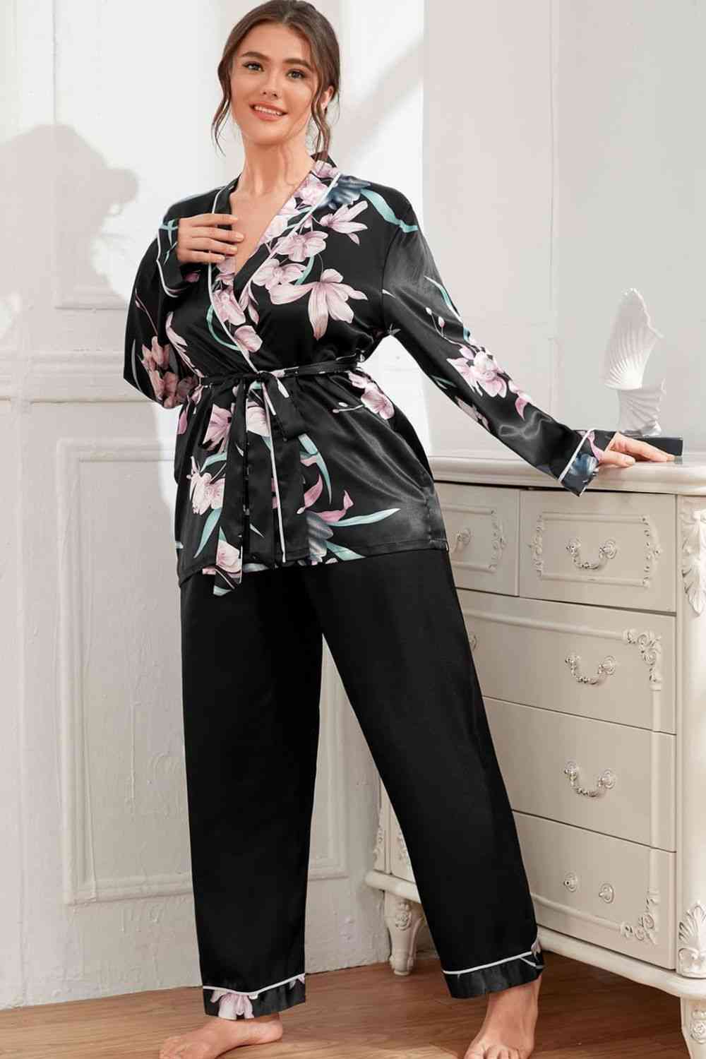 Plus Size Floral Belted Robe and Pants Pajama Set Shapelust