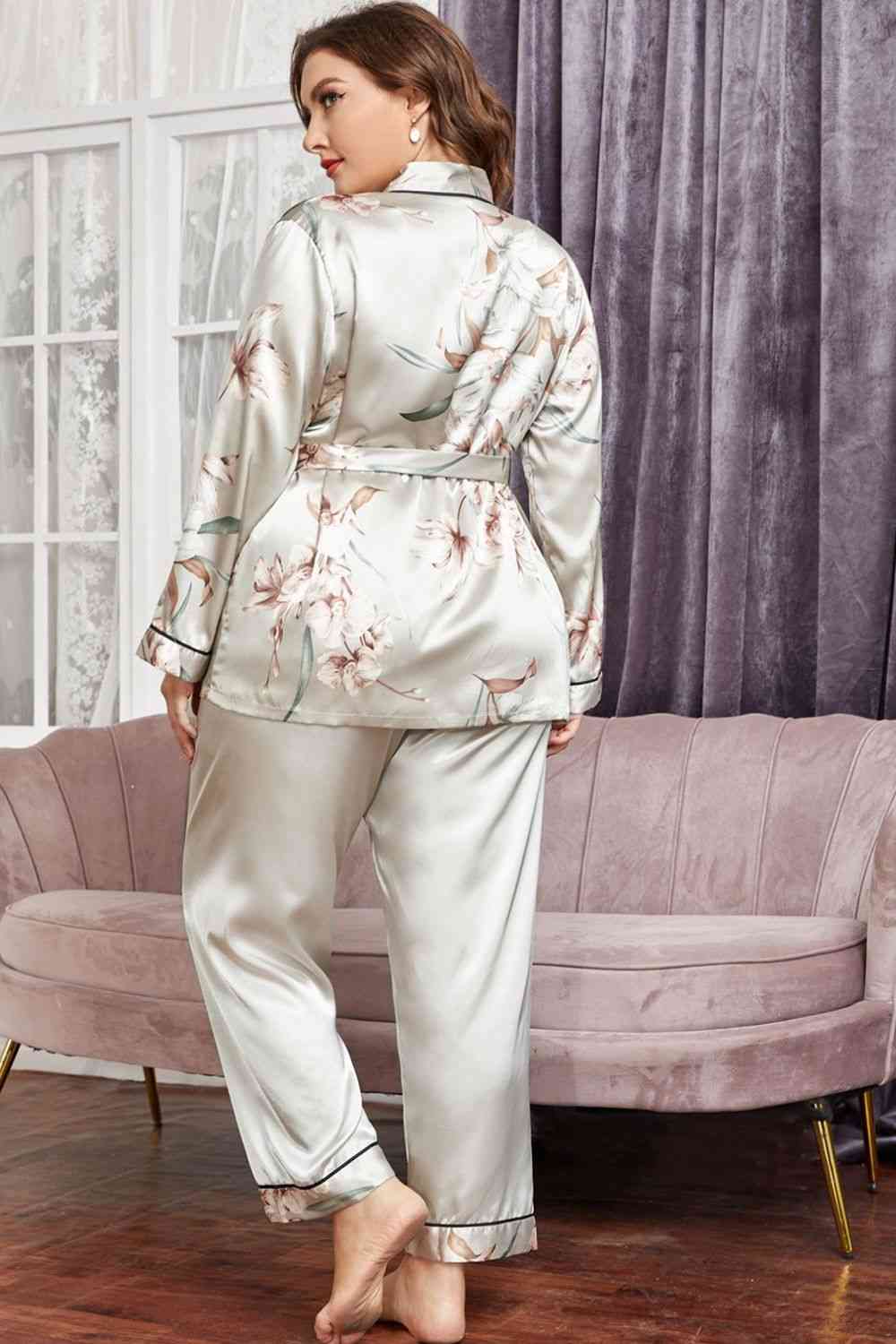 Plus Size Floral Belted Robe and Pants Pajama Set Shapelust