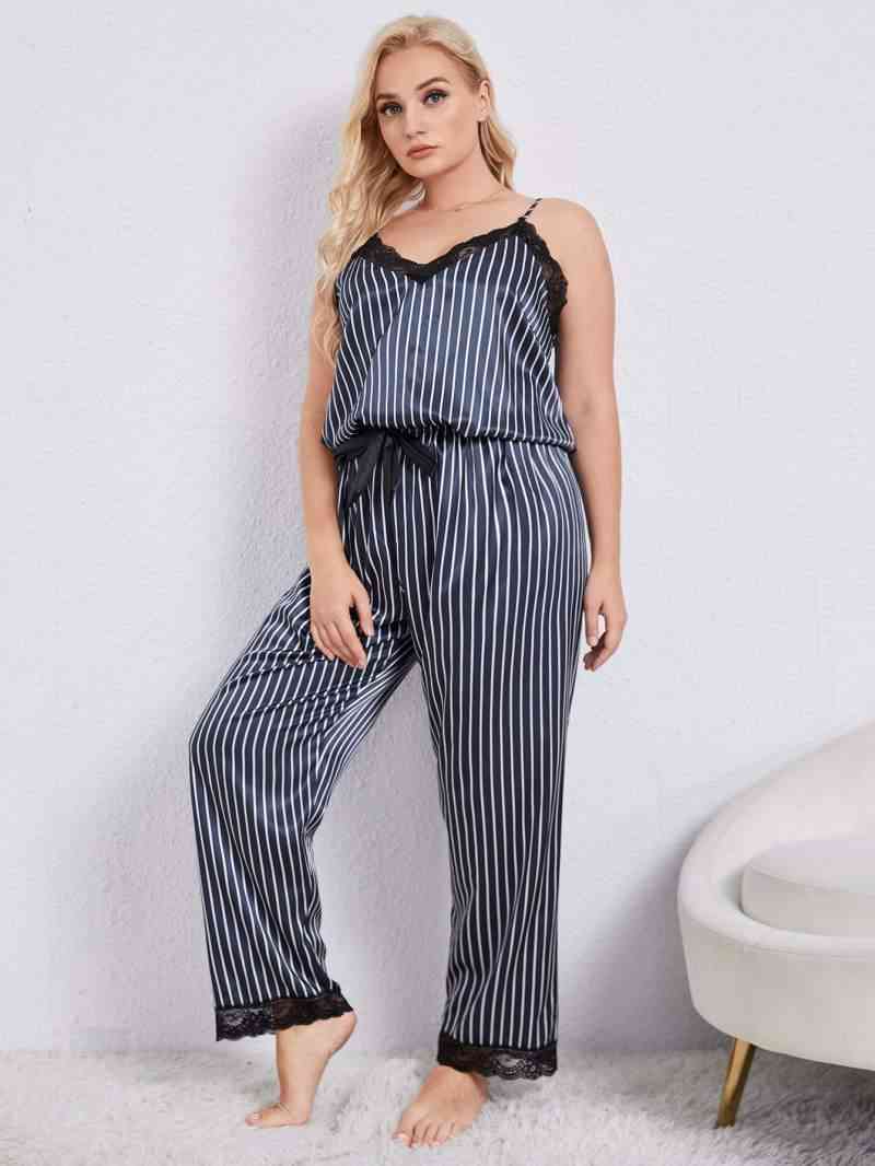 Plus Size Vertical Stripe Lace Trim Cami and Pants Pajama Set Shapelust