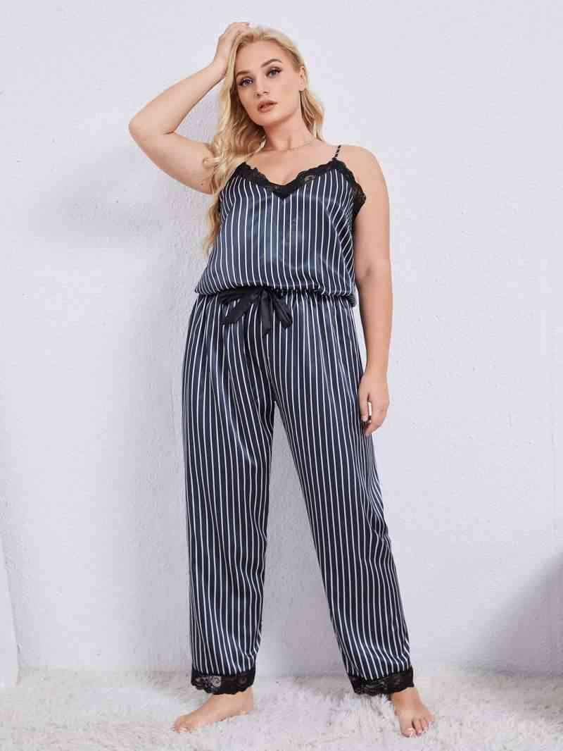 Plus Size Vertical Stripe Lace Trim Cami and Pants Pajama Set Shapelust