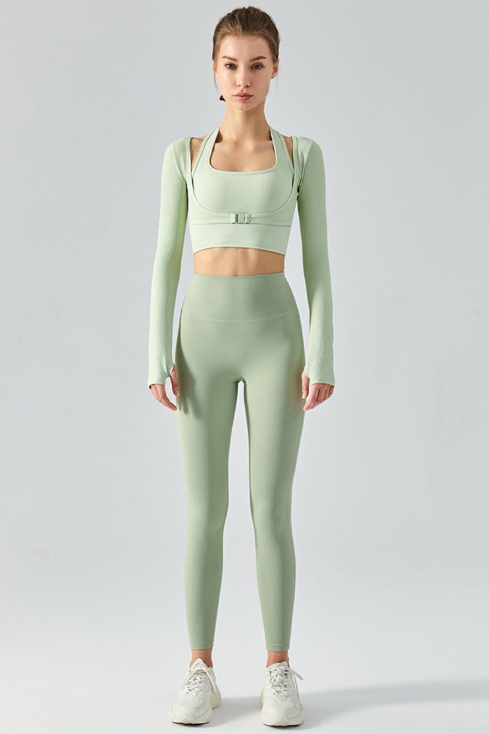 Ribbed Faux Layered Halter Neck Cropped Sports Top Shapelust