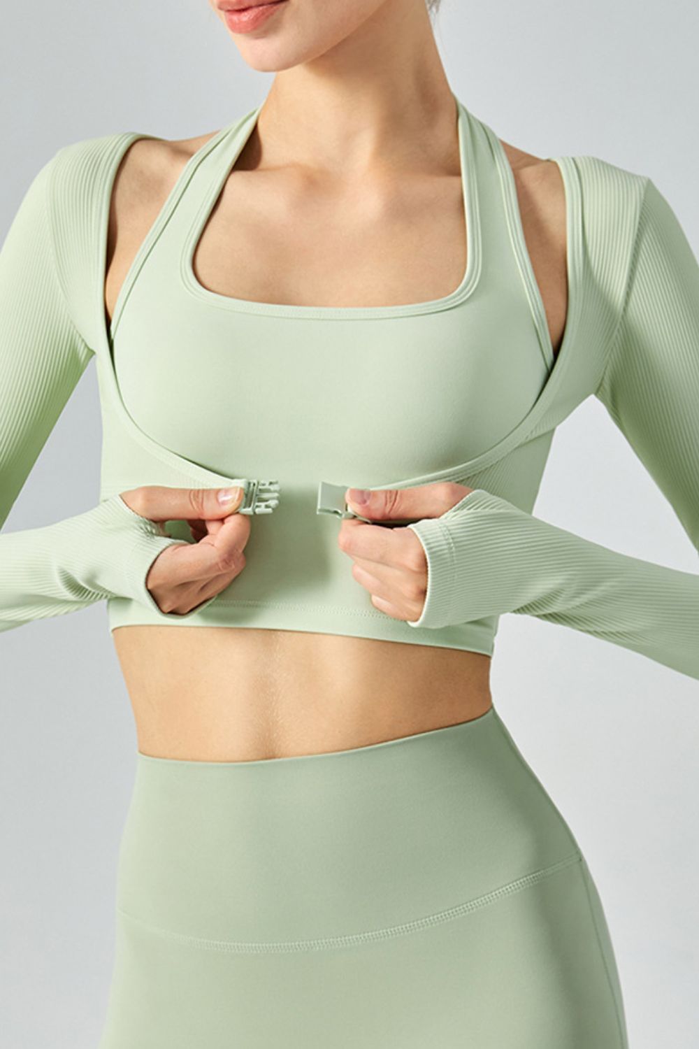 Ribbed Faux Layered Halter Neck Cropped Sports Top Shapelust