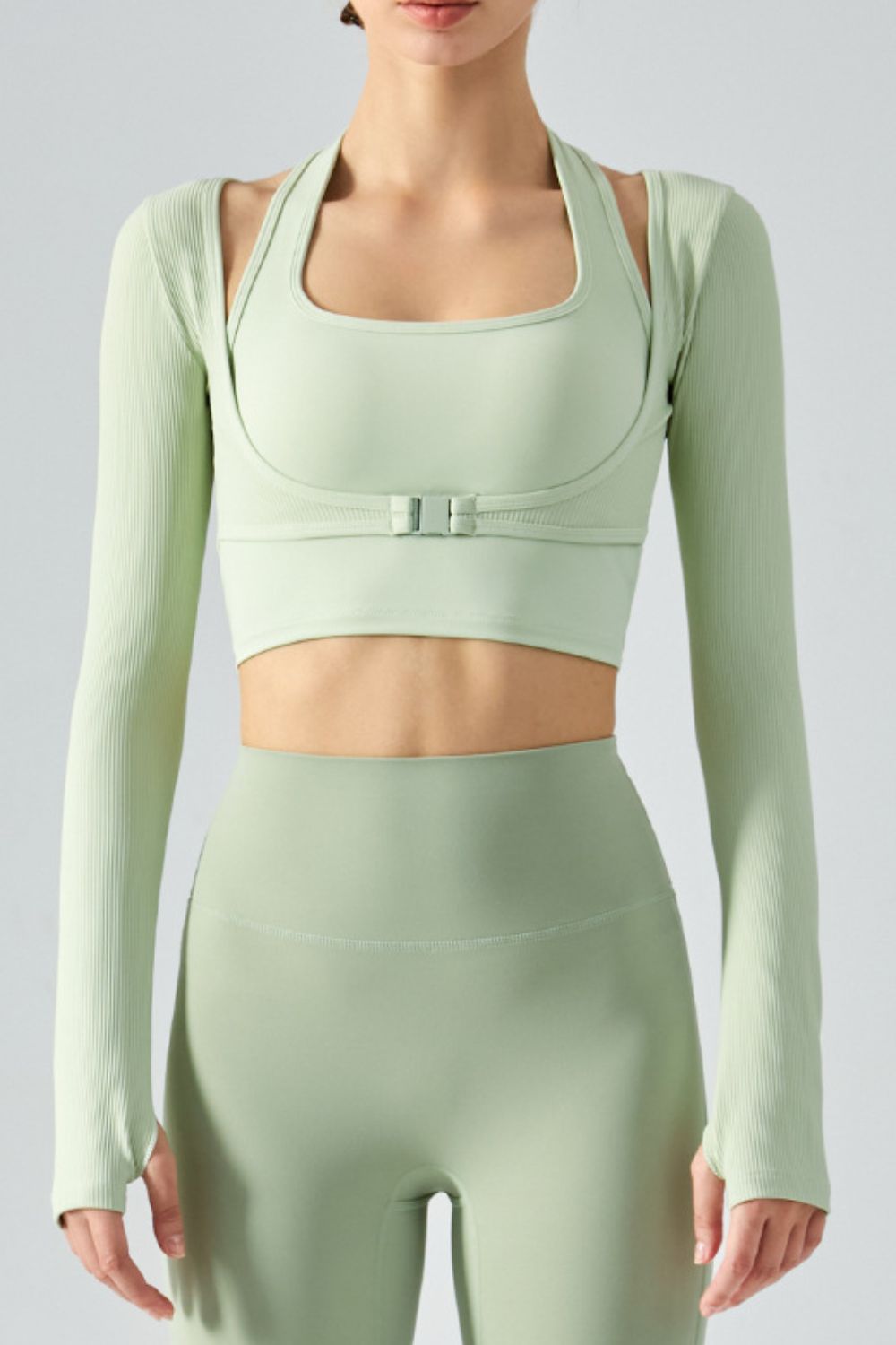Ribbed Faux Layered Halter Neck Cropped Sports Top Shapelust
