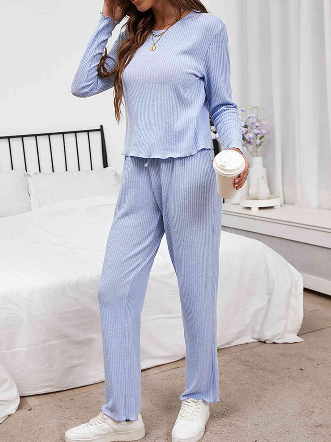 Round Neck Long Sleeve Top and Drawstring Pants Lounge Set Shapelust