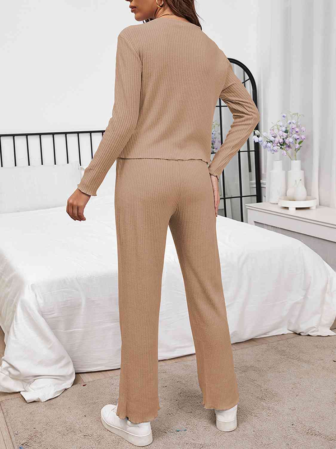 Round Neck Long Sleeve Top and Drawstring Pants Lounge Set Shapelust