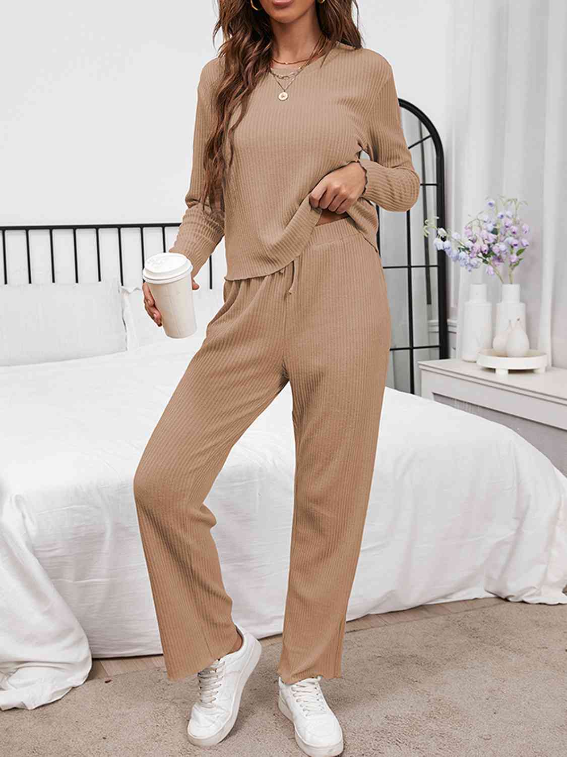 Round Neck Long Sleeve Top and Drawstring Pants Lounge Set Shapelust