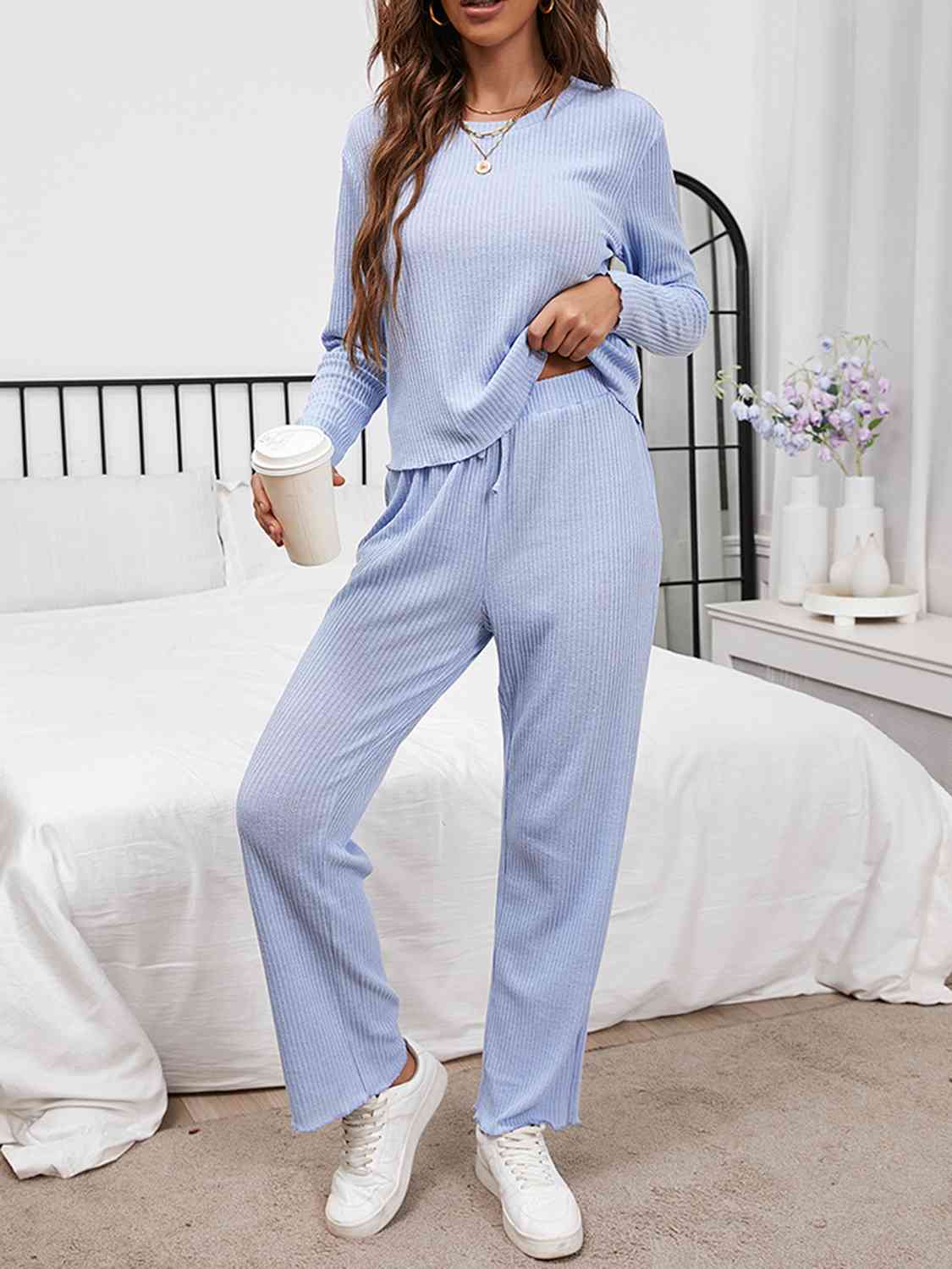Round Neck Long Sleeve Top and Drawstring Pants Lounge Set Shapelust