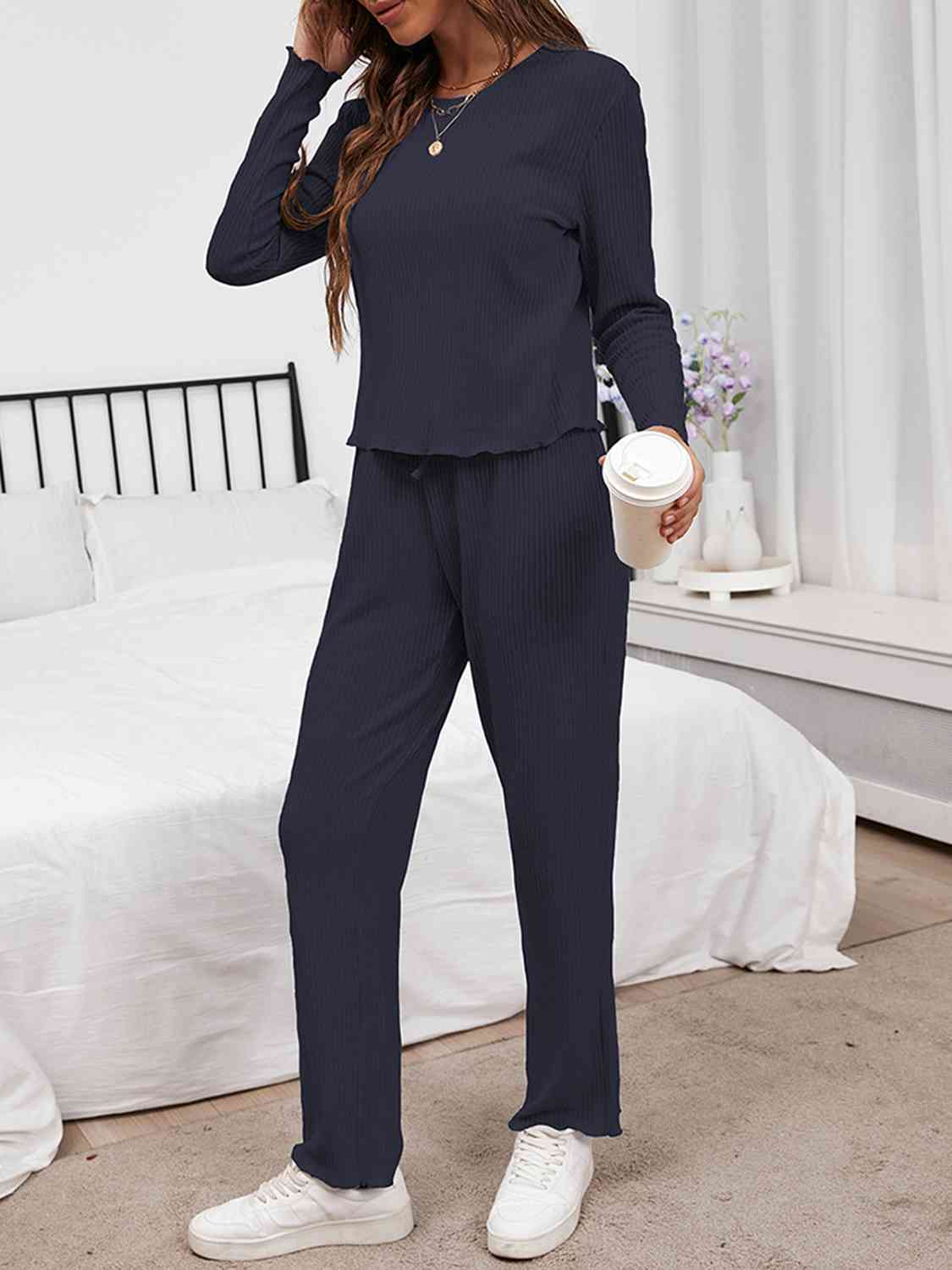 Round Neck Long Sleeve Top and Drawstring Pants Lounge Set Shapelust