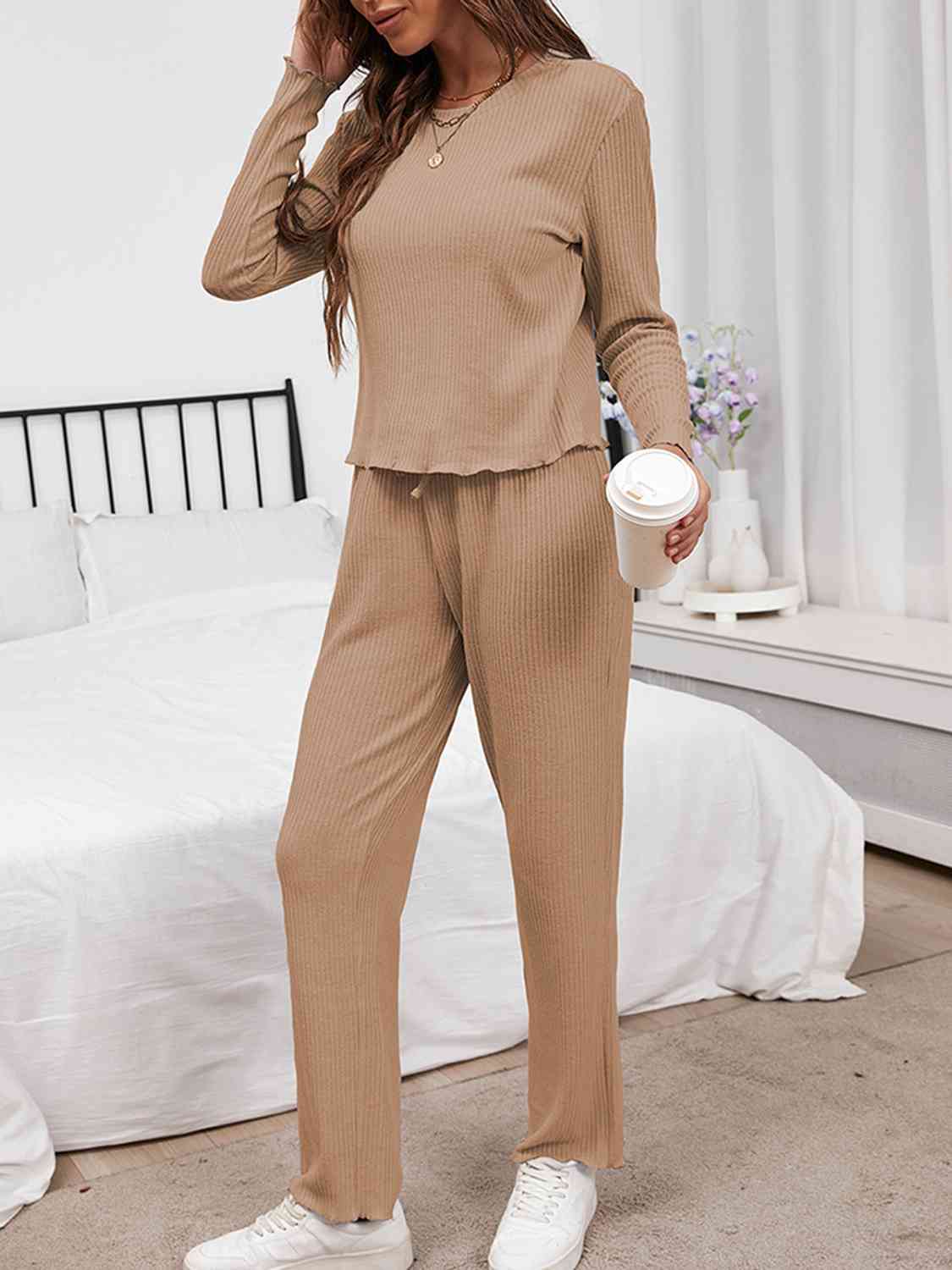 Round Neck Long Sleeve Top and Drawstring Pants Lounge Set Shapelust