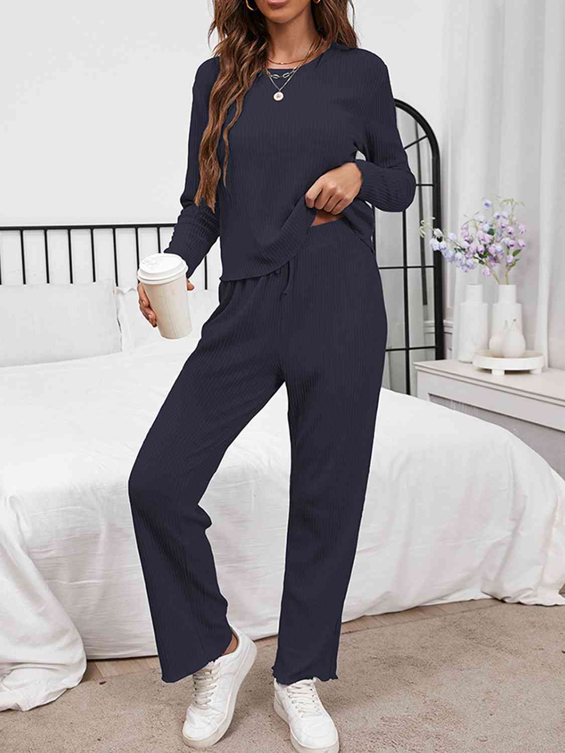 Round Neck Long Sleeve Top and Drawstring Pants Lounge Set Shapelust
