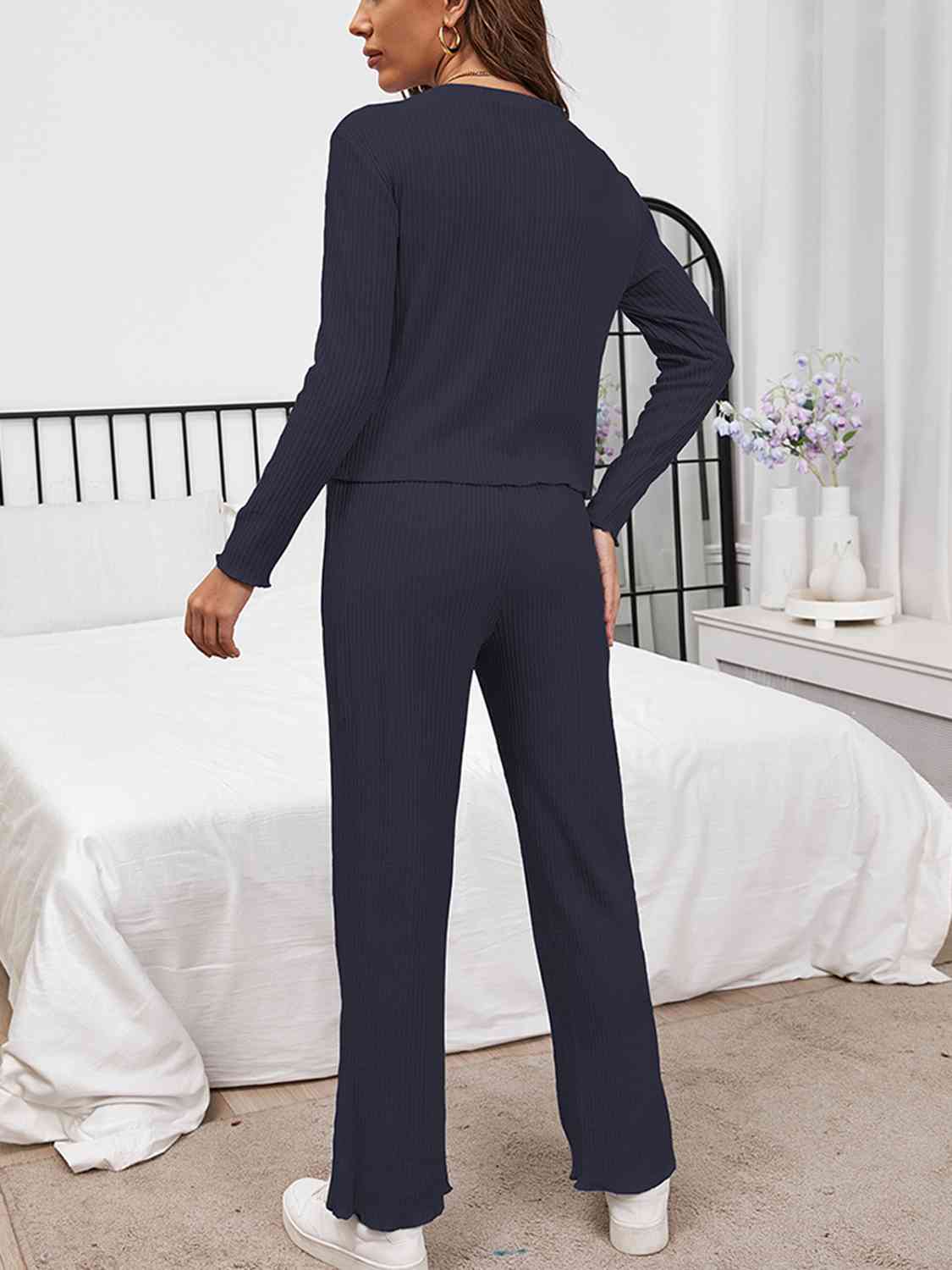 Round Neck Long Sleeve Top and Drawstring Pants Lounge Set Shapelust