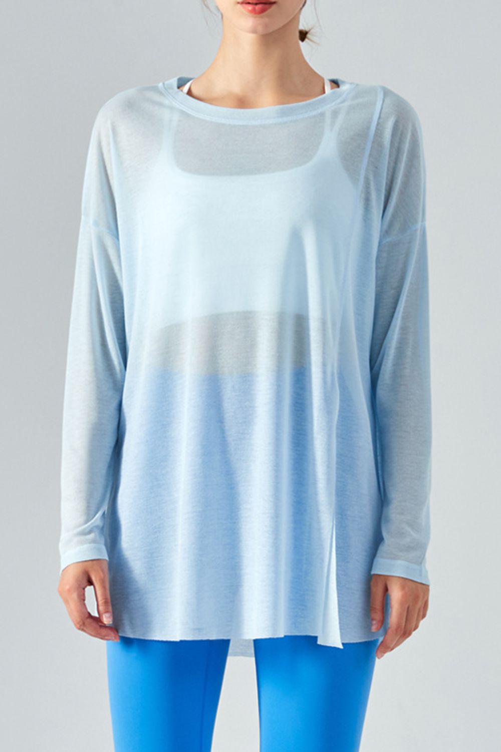 Round Neck Slit Sheer Tunic Sports Top Shapelust