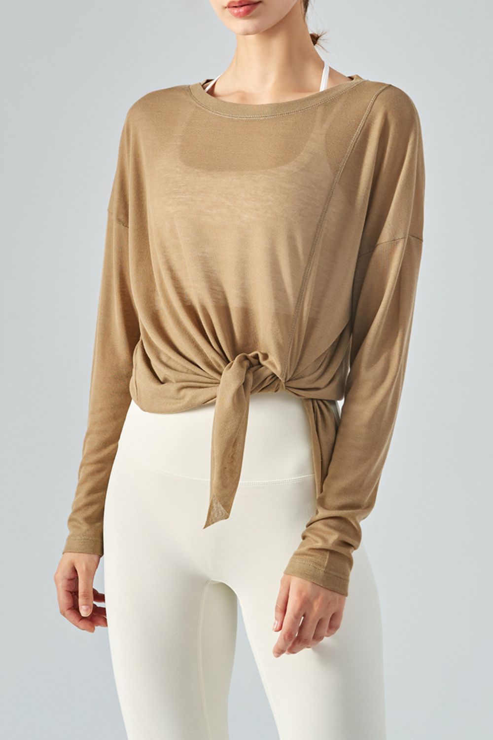 Round Neck Slit Sheer Tunic Sports Top Shapelust