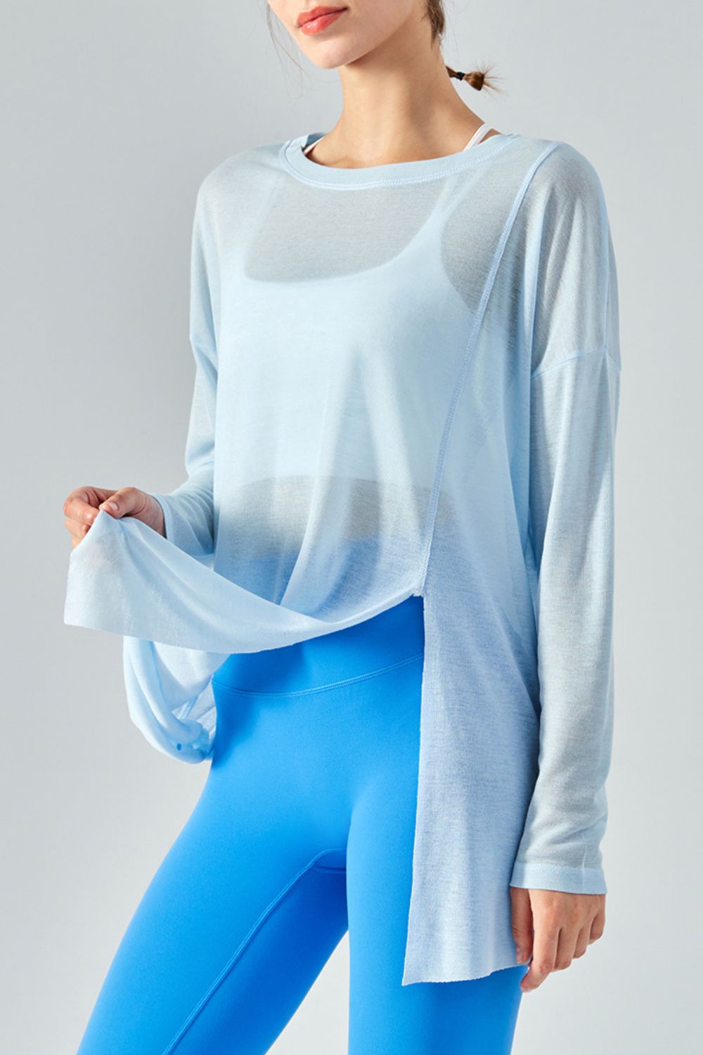 Round Neck Slit Sheer Tunic Sports Top Shapelust