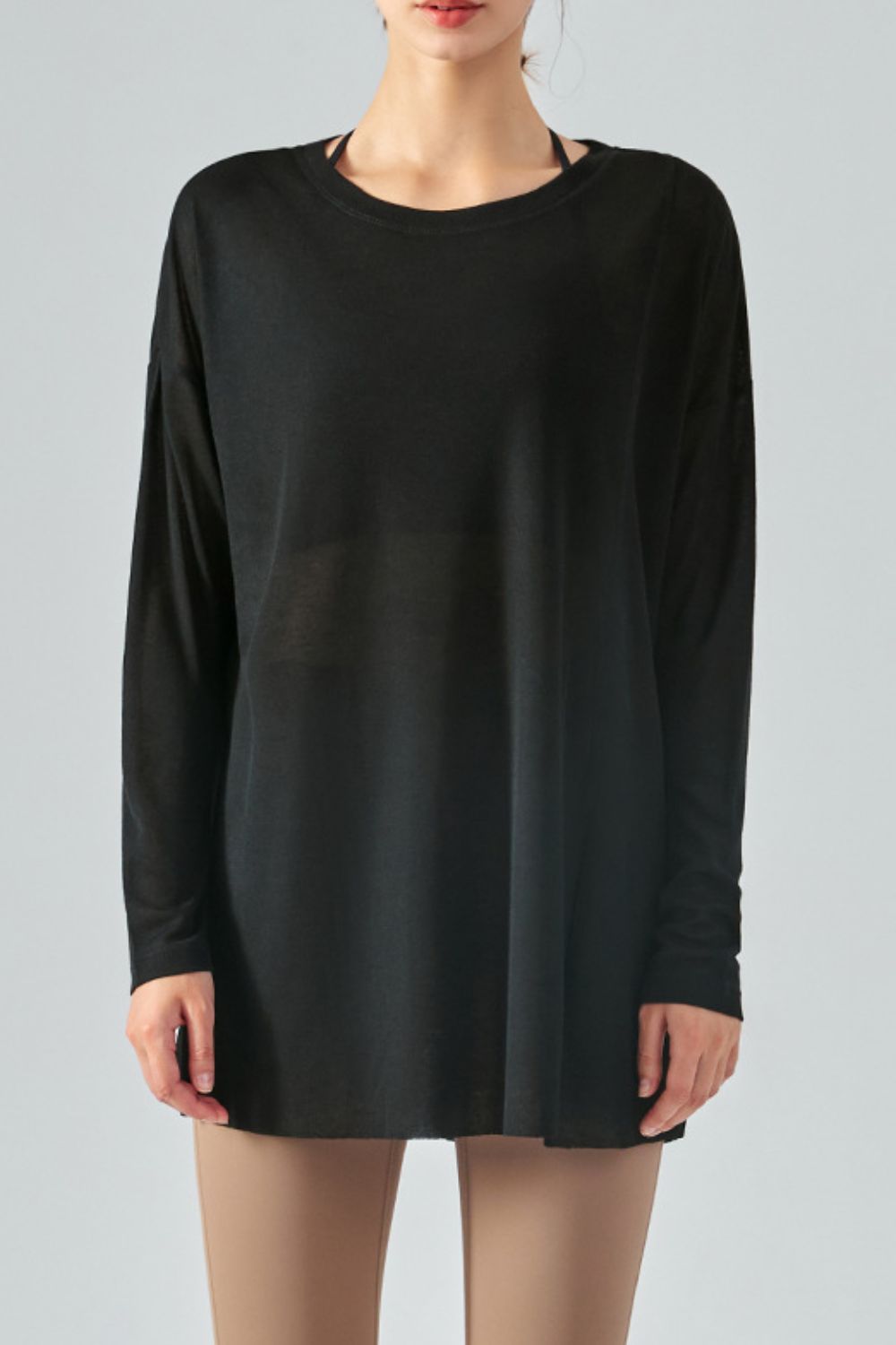 Round Neck Slit Sheer Tunic Sports Top Shapelust