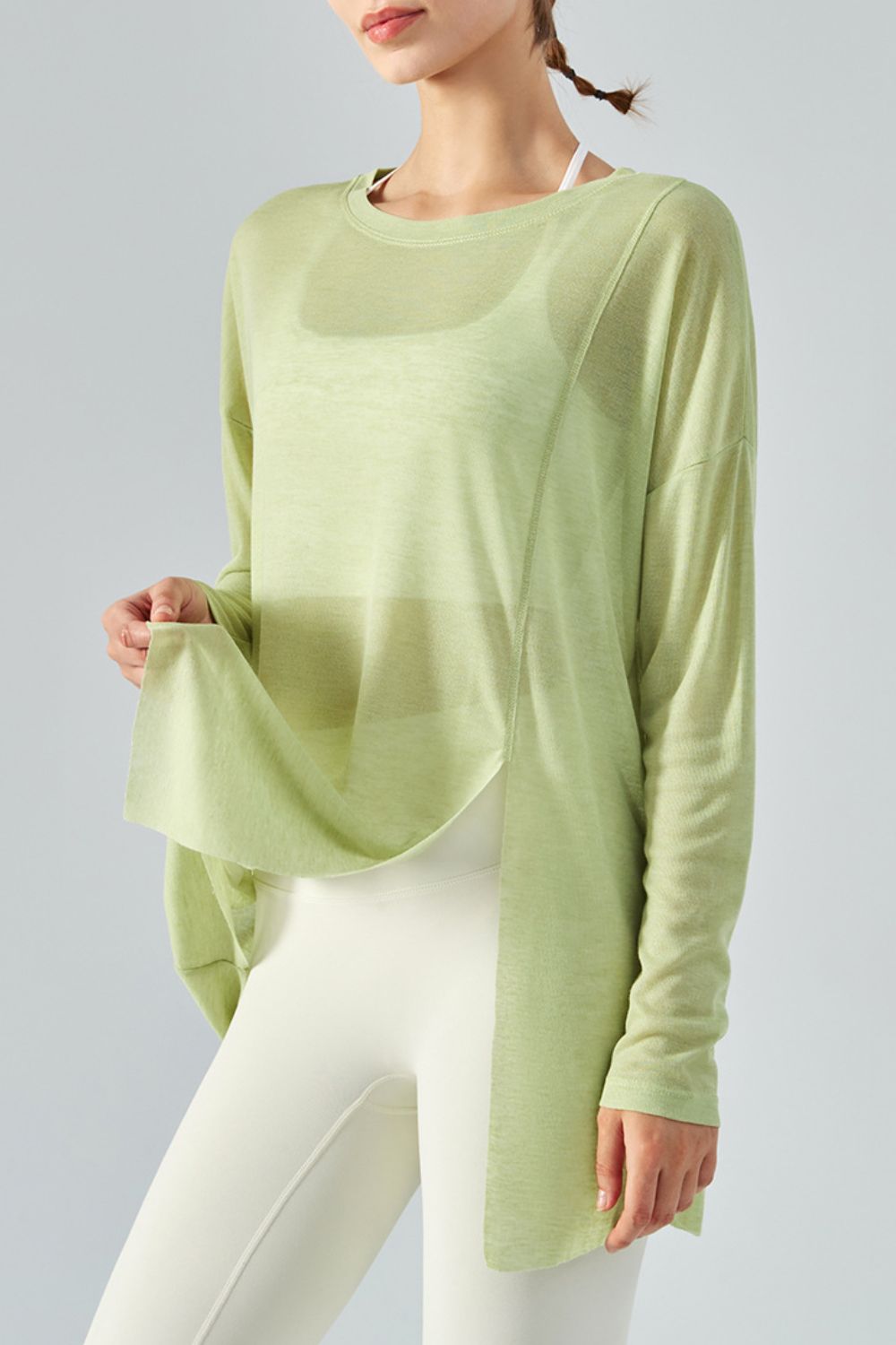 Round Neck Slit Sheer Tunic Sports Top Shapelust