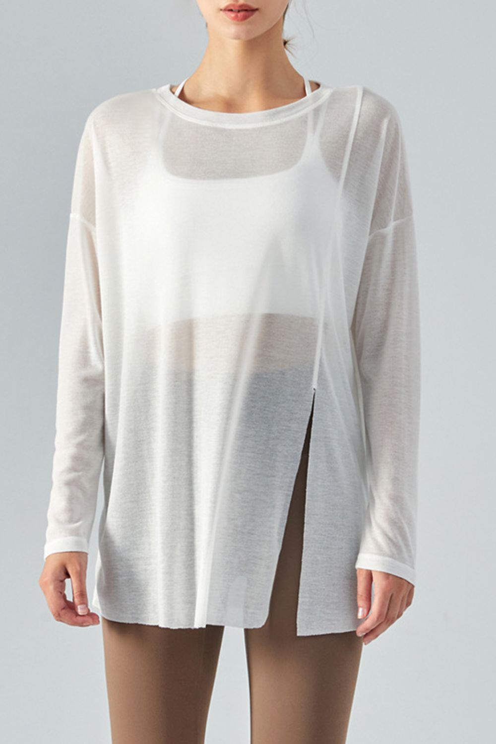 Round Neck Slit Sheer Tunic Sports Top Shapelust