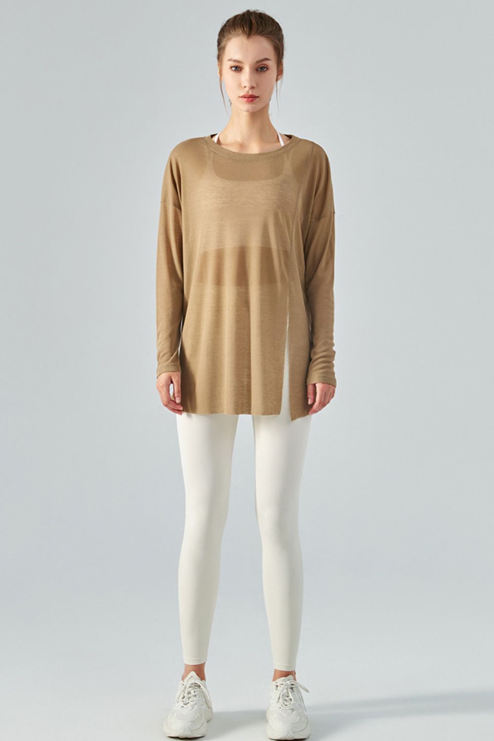 Round Neck Slit Sheer Tunic Sports Top Shapelust