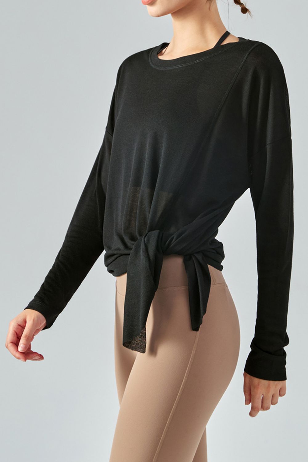 Round Neck Slit Sheer Tunic Sports Top Shapelust