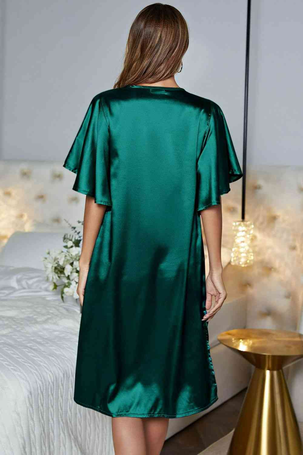 Satin Flutter Sleeve Side Slit V-Neck Night Dress Shapelust