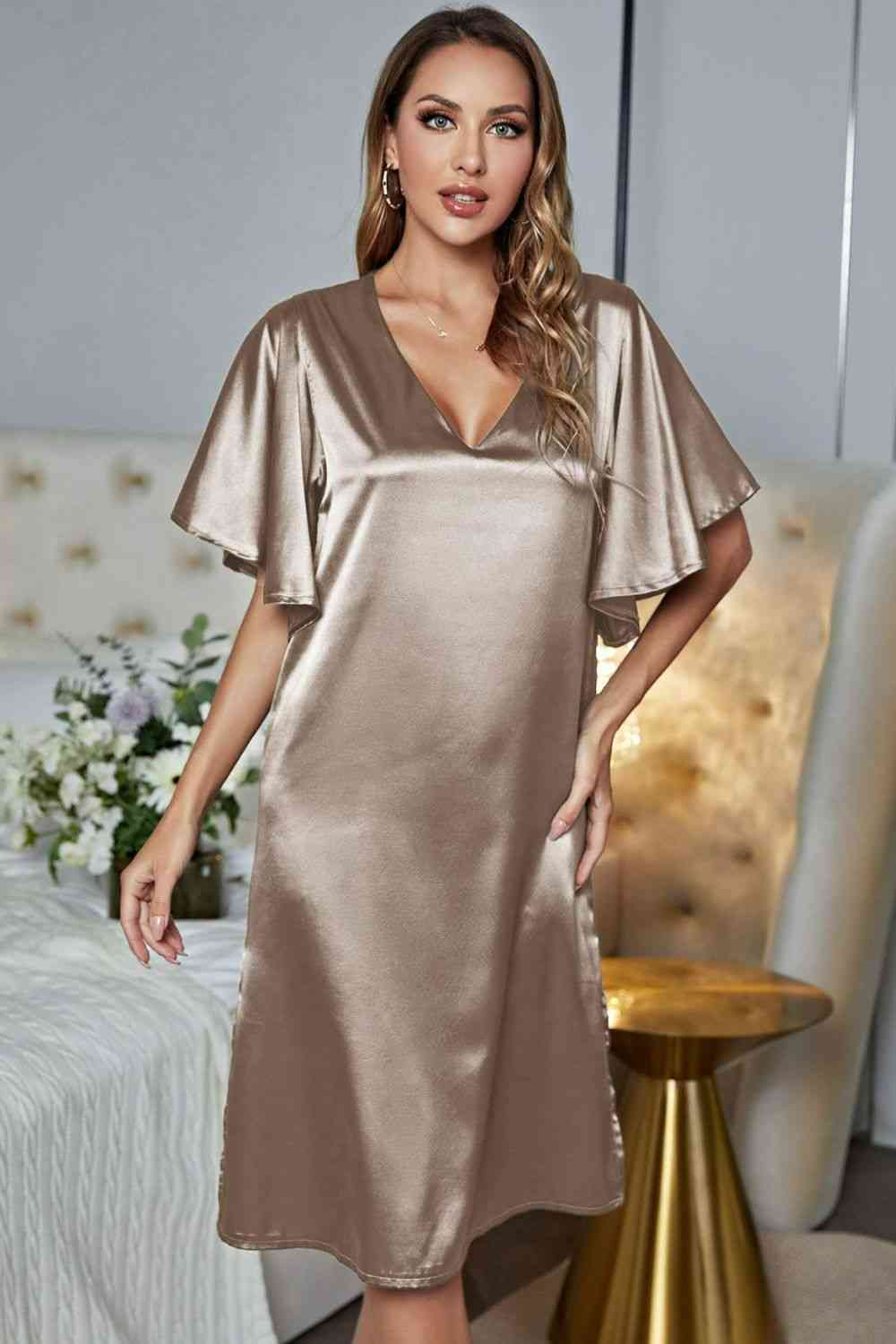 Satin Flutter Sleeve Side Slit V-Neck Night Dress Shapelust