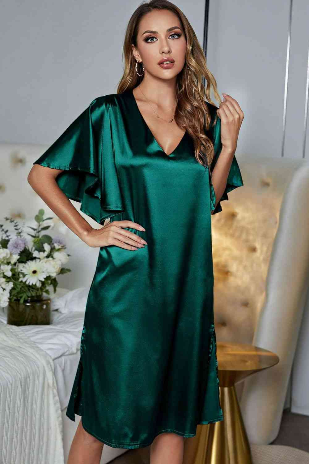 Satin Flutter Sleeve Side Slit V-Neck Night Dress Shapelust