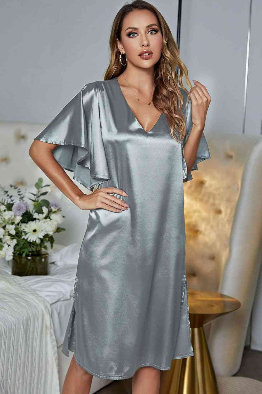 Satin Flutter Sleeve Side Slit V-Neck Night Dress Shapelust