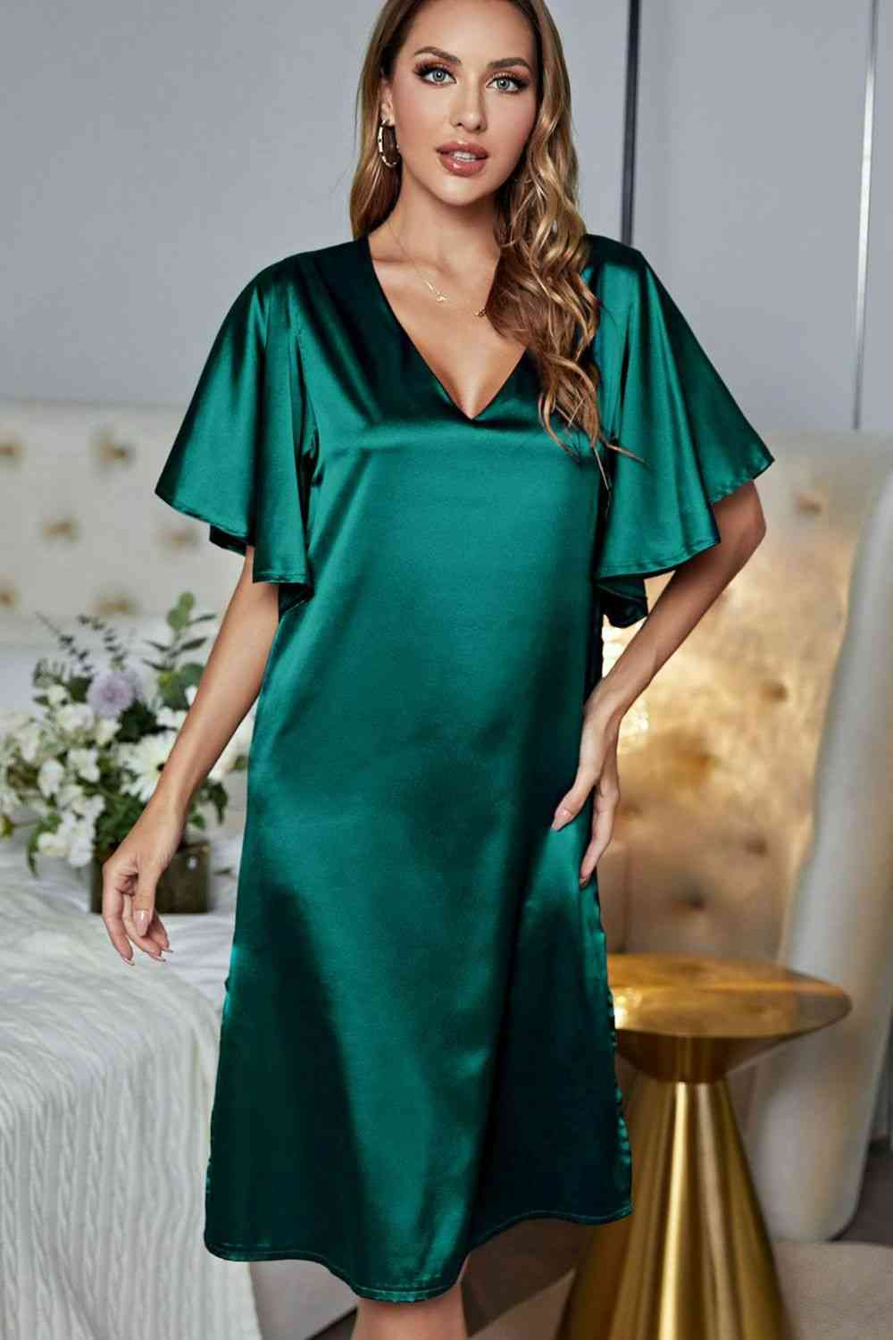 Satin Flutter Sleeve Side Slit V-Neck Night Dress Shapelust