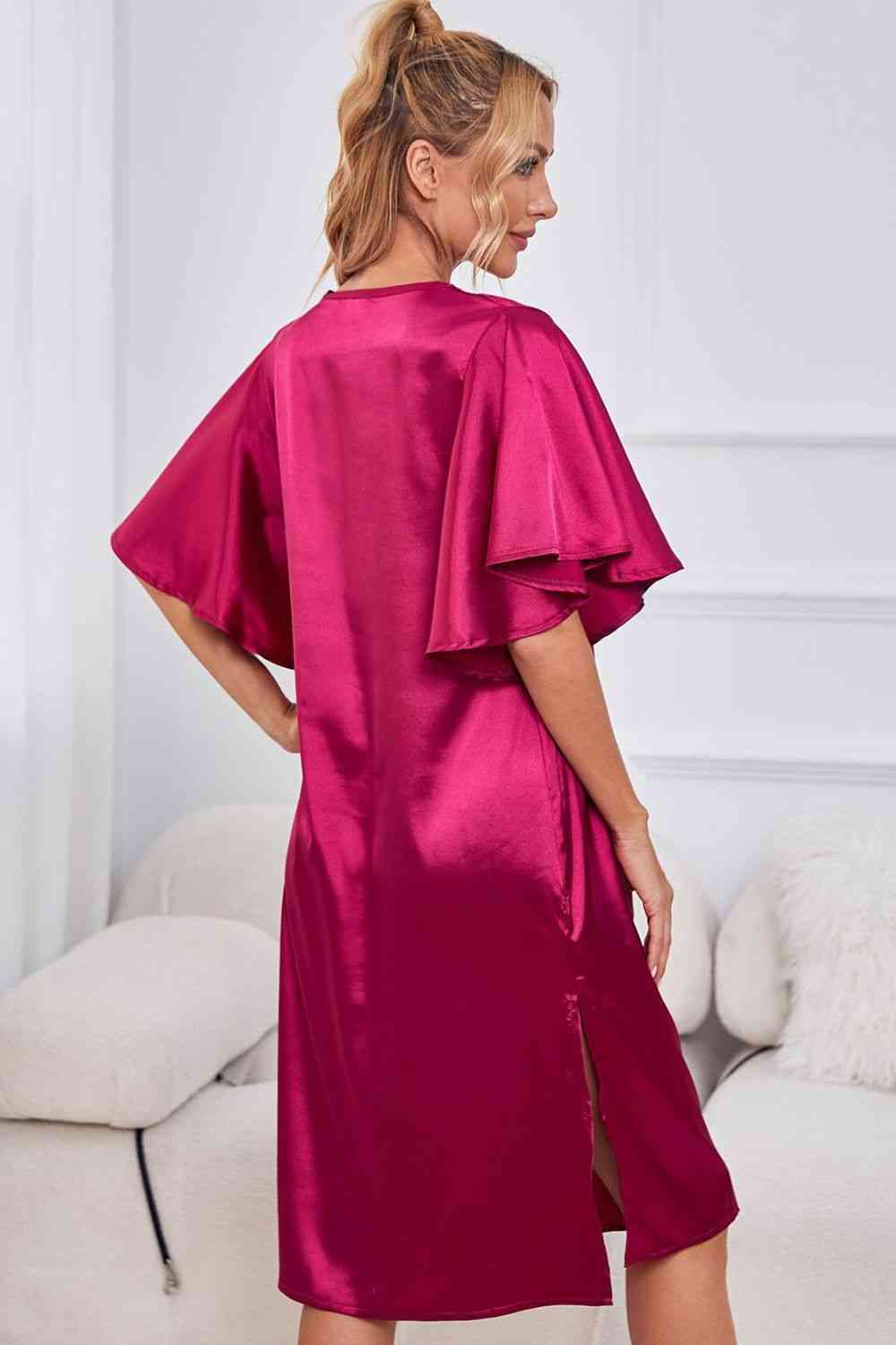 Satin Flutter Sleeve Side Slit V-Neck Night Dress Shapelust