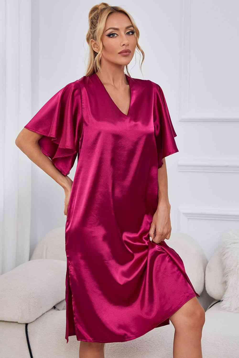 Satin Flutter Sleeve Side Slit V-Neck Night Dress Shapelust