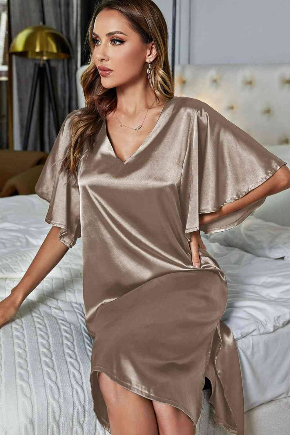Satin Flutter Sleeve Side Slit V-Neck Night Dress Shapelust